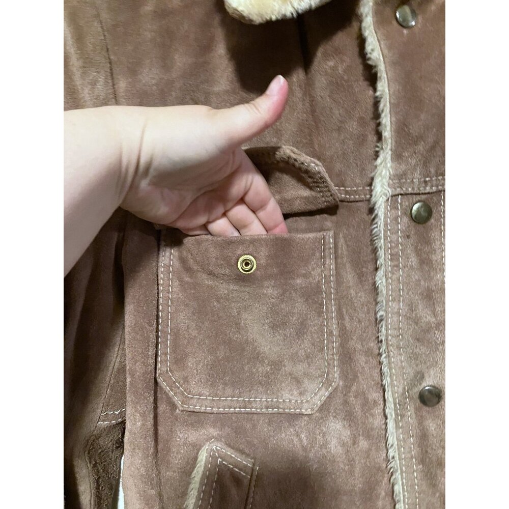 Vintage Grande Bay Suede Trucker Jacket 44 Sherpa Faux Fur Lined Western Cowboy - Picture 5 of 15